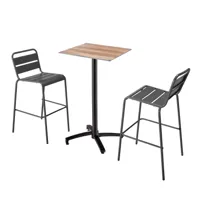 ensemble table haute stratifié chêne foncé et 2 chaises hautes gris