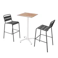 ensemble table haute stratifié chêne foncé et 2 chaises hautes gris