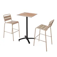ensemble table haute stratifié chêne foncé et 2 chaises hautes taupe