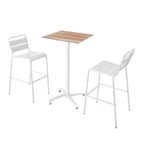 ensemble table haute stratifié chêne foncé et 2 chaises hautes blanc