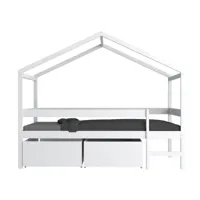 lit cabane + tiroirs en bois et mdf blanc 90 x 190 cm