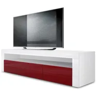 vladon - armoire basse meuble tv valencia en blanc mat - haute brillance & tons naturels - bordeaux haute brillance / blanc haute brillance