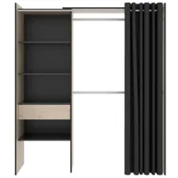 armoire dressing extensible avec rideau + 1 tiroir coloris naturel/graphite - longueur 110-160 x hauteur 203 x profondeur 50 cm pegane