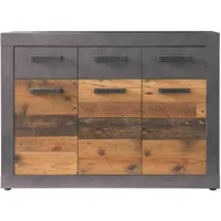 indy - meuble chambre. commode avec 3 tiroirs en mélaminé coloris gris ciment portes bois effet vieilli. l - h - p : 117 / 86 / 37 cm. - bois/gris