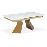 cotecosy - table à manger extensible icaria en verre effet marbre blanc et pieds or - blanc / or