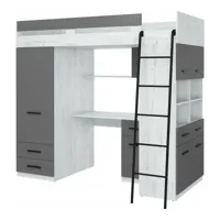 lit mezzanine 90x200cm avec échelle placard, bureau, bibliothèque et beaucoup d'étagéres levi p blanc artisan/graphite
