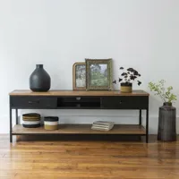 meuble tv en métal noir mat et manguier 2 tiroirs 1 niche brooke - noir