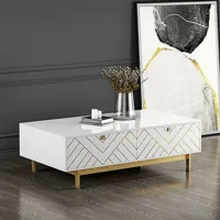 table basse design blanc pied or blade, métal finition or, métal, mdf, rectangulaire, style art déco, 130 x 70 x 42 cm - pu blanc et marbre blanc