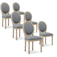 intensedeco - lot de 6 chaises médaillon louis xvi tissu gris - gris