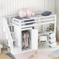 lit cabane enfant lit mezzanine 90 x 200 cm avec penderie et escalier, bureau et tiroirs et armoire tout en un, blanc - blanc antique