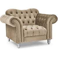 mobilier deco - rosalia - fauteuil chesterfield en velours beige pieds argentés
