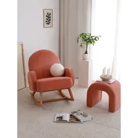 fauteuil à bascule rembourré, avec accoudoirs anton velours côtelé corail et bois massif naturel - orange