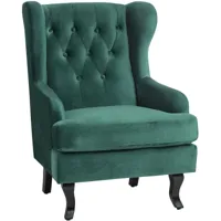 fauteuil bergère en velours vert foncé style rétro assise rembourrée pieds bois alta - noir
