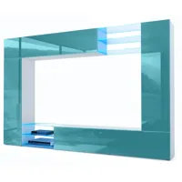 combinaison murale meuble salon mirage en blanc mat - haute brillance - façades en turquoise haute brillance avec éclairage led - façades en