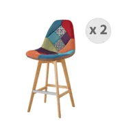 moloo - owen - chaise de bar scandinave tissu patchwork rouge pieds hêtre (x2) - multicolore