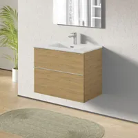 bernstein - meuble de salle de bain suspendu bois laqué, meuble vasque 2 tiroirs soft-close - garantie 5 ans - 64x81x47cm - lavoa - blanc brillant,