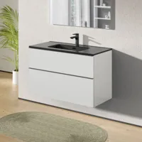 bernstein - meuble de salle de bain suspendu bois laqué, meuble vasque 2 tiroirs soft-close - garantie 5 ans - 64x101x47cm - lavoa - blanc mat, noir