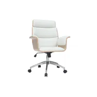 fauteuil de bureau à roulettes design blanc, bois clair et acier chromé elon