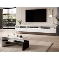 meuble tv-hifi babel ii 3 portes 3 niches blanc/blanc laqué avec table basse