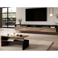 meuble tv-hifi babel ii 3 portes 3 niches noyer/chêne grisé avec table basse
