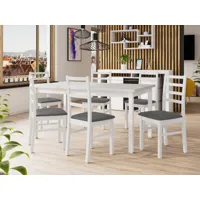 table repas almata 160 > 200 cm blanc avec 6 chaises coussins gris