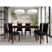 table repas alf 160 > 200 cm brun avec 6 chaises coussins noir