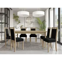 table repas alf 160 > 200 cm sonoma avec 6 chaises coussins noir
