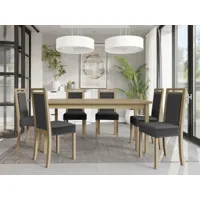 table repas alf 160 > 200 cm sonoma avec 6 chaises coussins gris