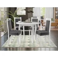 table repas alois ø 100 cm blanc avec 4 chaises coussins gris foncé