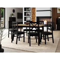 table repas alonso 140 > 180 cm noir avec 6 chaises coussins noir