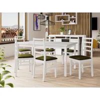 table repas almanac 160 > 200 cm blanc avec 6 chaises coussins vert