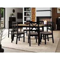 table repas alezy 140 > 180 cm noir avec 6 chaises coussins taupe