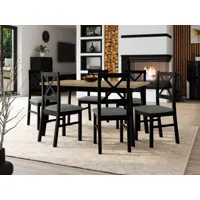 table repas alezy 140 > 180 cm noir avec 6 chaises coussins gris