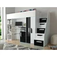 lit combiné paradisio 90x200 cm blanc/noir brillant avec escalier à droite