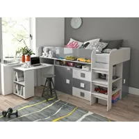 lit combiné tolisso 90x200 cm blanc/gris brillant avec bureau à gauche