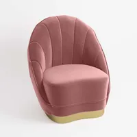 fauteuil en velours rose vintage, base cerclage doré effet laiton
