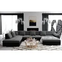 meublesline atis - canapé d'angle panoramique xxl en u - en tissu et simili cuir - angle gauche gris et noir  gris, noir