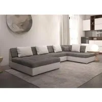 meublesline otia - canapé d'angle panoramique et convertible xxl en u - en simili et tissu - angle droit (gris et blanc)  gris, blanc