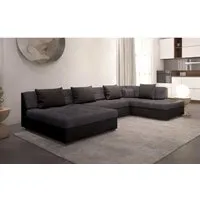 meublesline otia - canapé d'angle panoramique et convertible xxl en u - en simili et tissu - angle droit (gris et noir)  gris