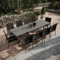 avril paris table de jardin extensible aluminium 135/270cm + 10 fauteuils empilables textilène gris anthracite - andra  gris anthracite