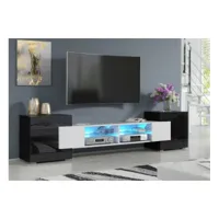 meuble tv pablo 230 cm avec led blanc mat et noir laqué