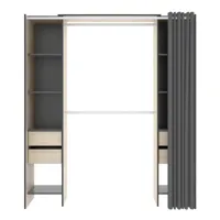 pegane armoire dressing extensible avec rideau + 4 tiroirs coloris naturel/graphite - longueur 100-180 x hauteur 203 x profondeur 50 cm