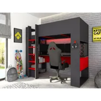 vente-unique lit mezzanine gamer noah avec bureau et rangements intégrés - 90 x 200 cm - avec leds - anthracite et rouge + matelas