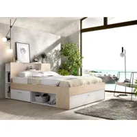 vente-unique lit avec tête de lit rangements et tiroirs - 140 x 190 cm - coloris : naturel et blanc + sommier - leandre