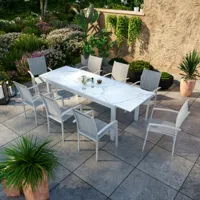 avril paris table de jardin extensible aluminium blanc effet marbre 180/240cm + 8 fauteuils empilables textilène - ania