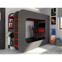 vente-unique lit mezzanine gamer 90 x 200 cm - avec bureau et rangements - avec leds - anthracite et rouge + matelas - warrior