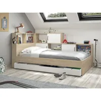 vente-unique lit avec rangements et tiroir - 90 x 200 cm - coloris : naturel et blanc + sommier + matelas - armand