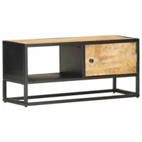 meuble tv scandinave - banc tv pour salon avec porte sculptée 90x30x40 cm bois de manguier brut -mn25778