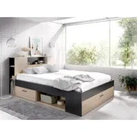 vente-unique lit avec tête de lit rangements et tiroirs - 140 x 190 cm - coloris : naturel et anthracite + sommier - leandre