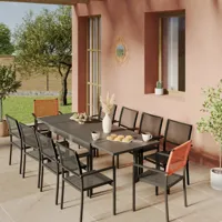 avril paris ensemble table de jardin extensible aluminium 135/270cm + 10 fauteuils empilables corde anthracite et orange-yeraz